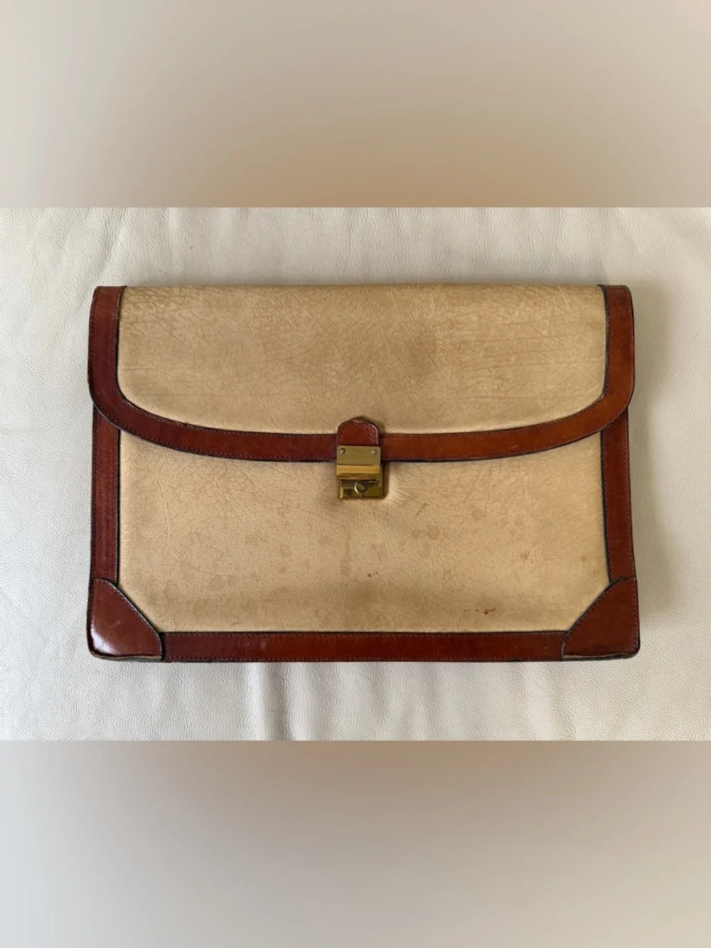 Vintage Leather Briefcase in Beige with Brown Trim